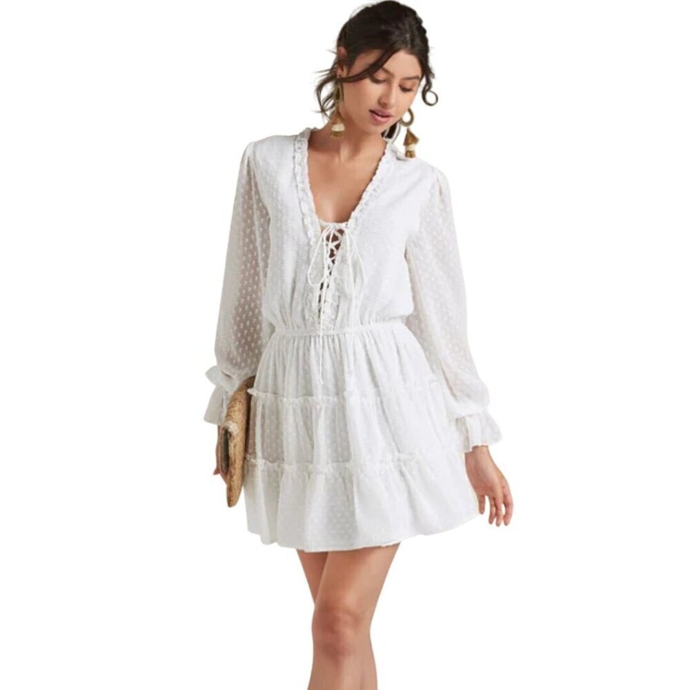 Venus Ruffled Mini Dress Tiered Swiss Dot Balloon Sleeve Bohemian Dress Size XL